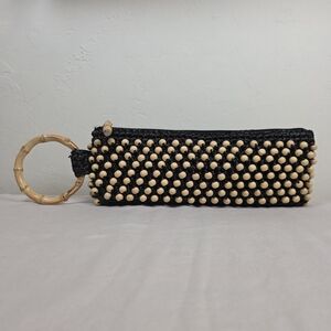 Coldwater Creek Black Clutch with Natural Wood Beads & Bamboo Wristlet